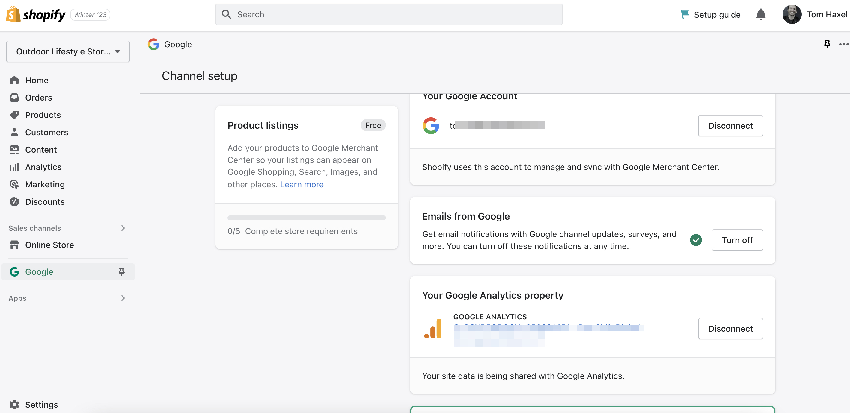 Shopify dashboard area with the Google Sales Channel app connection screen requiring a login