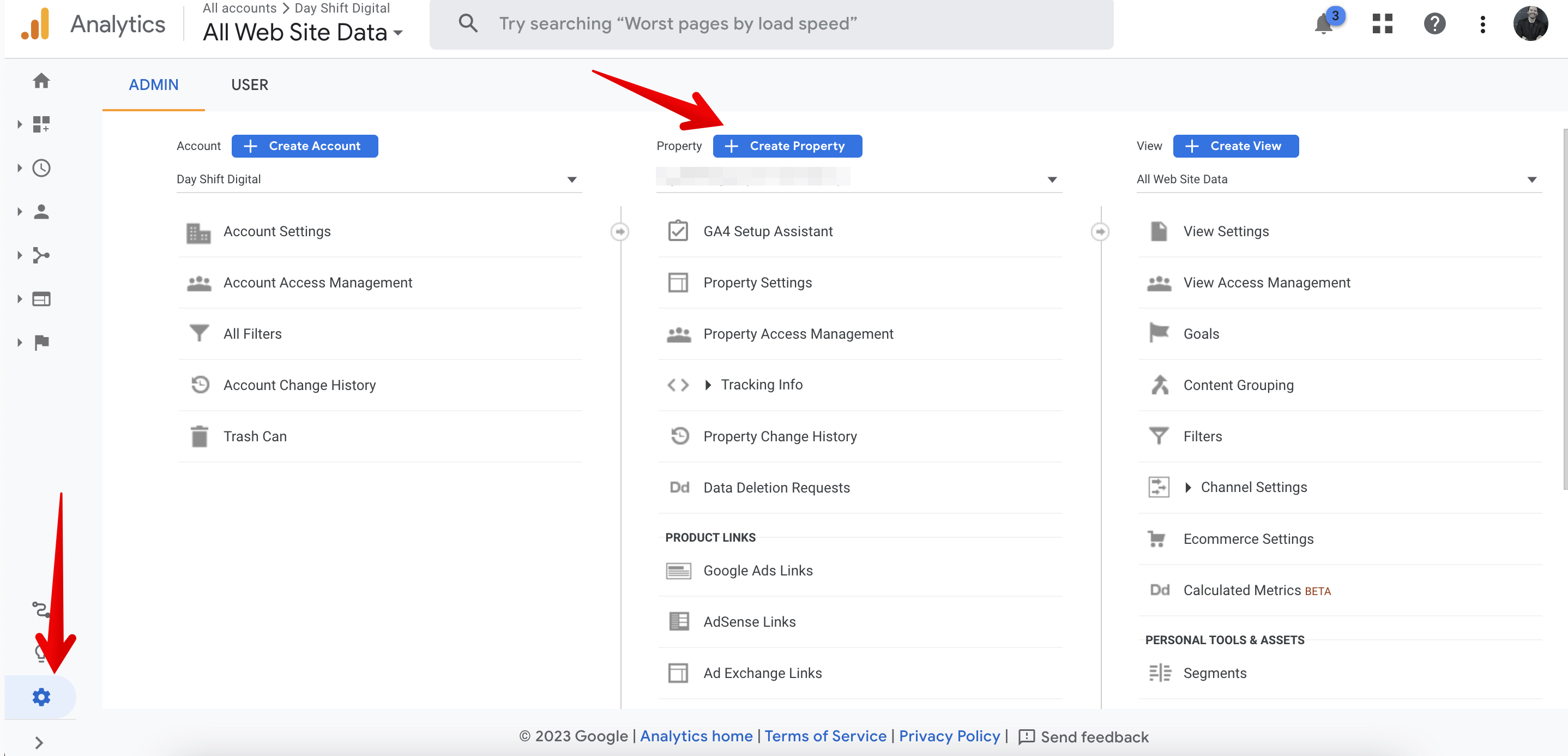 Google analytics dashboard view of creating a new property