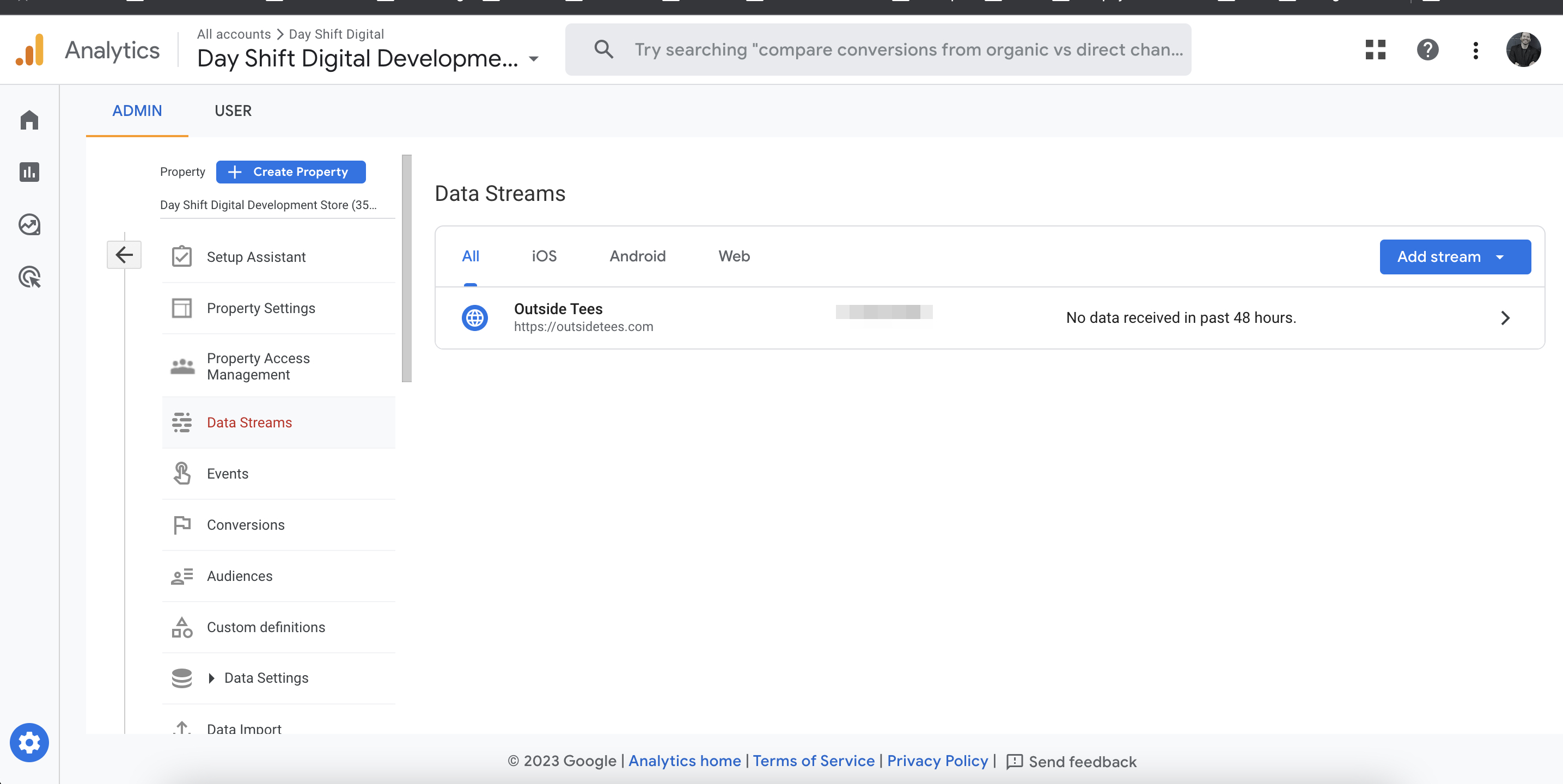 Google Analytics four dashboard view of the data streams area 